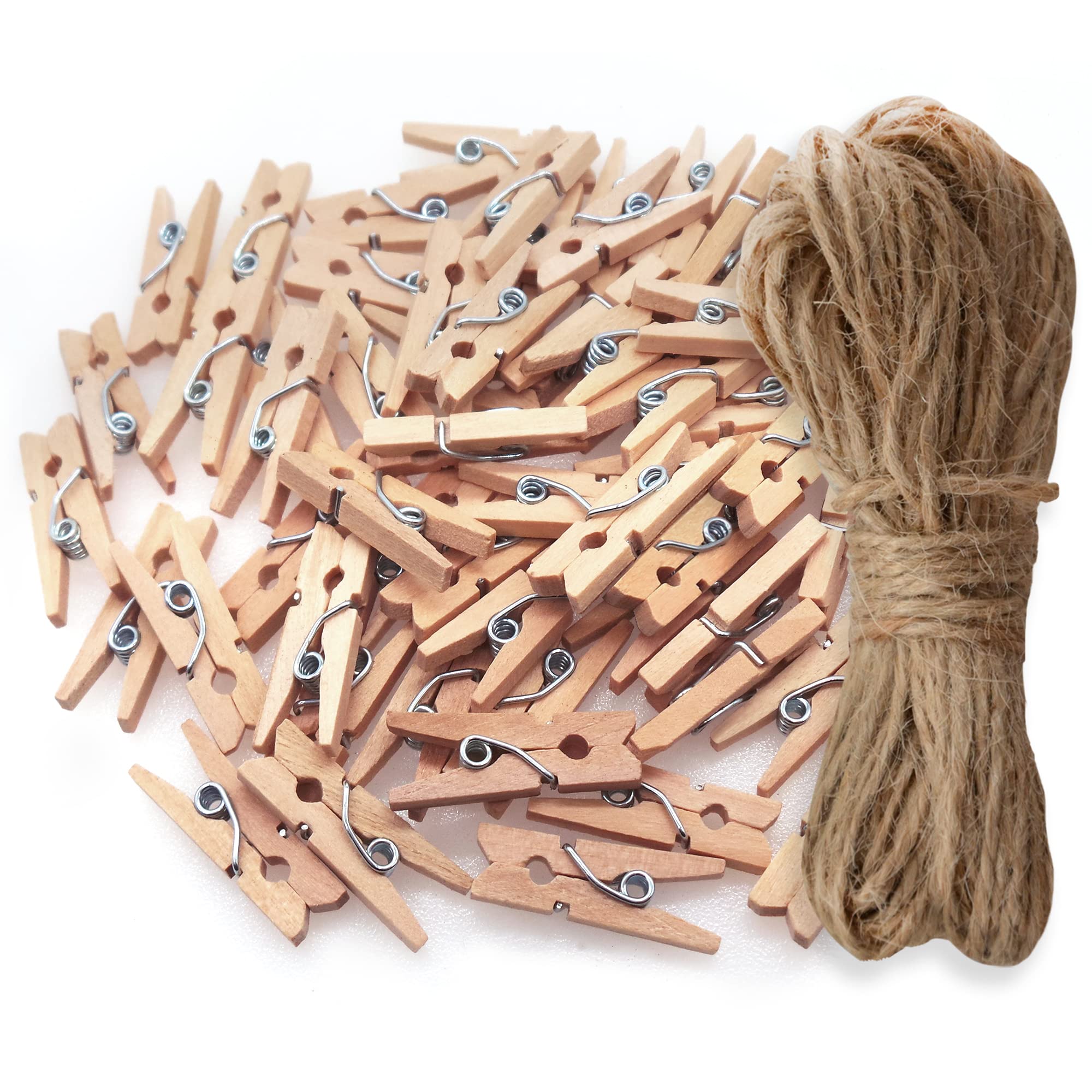 Maxi-Solutions 60 Mini 3.5cm Wooden Pegs and 1200cm Jute Twine String, Stylish Way of Hanging Photos - Also Suitable to Hang Small Christmas/New Born/Birthday/Anniversary Cards