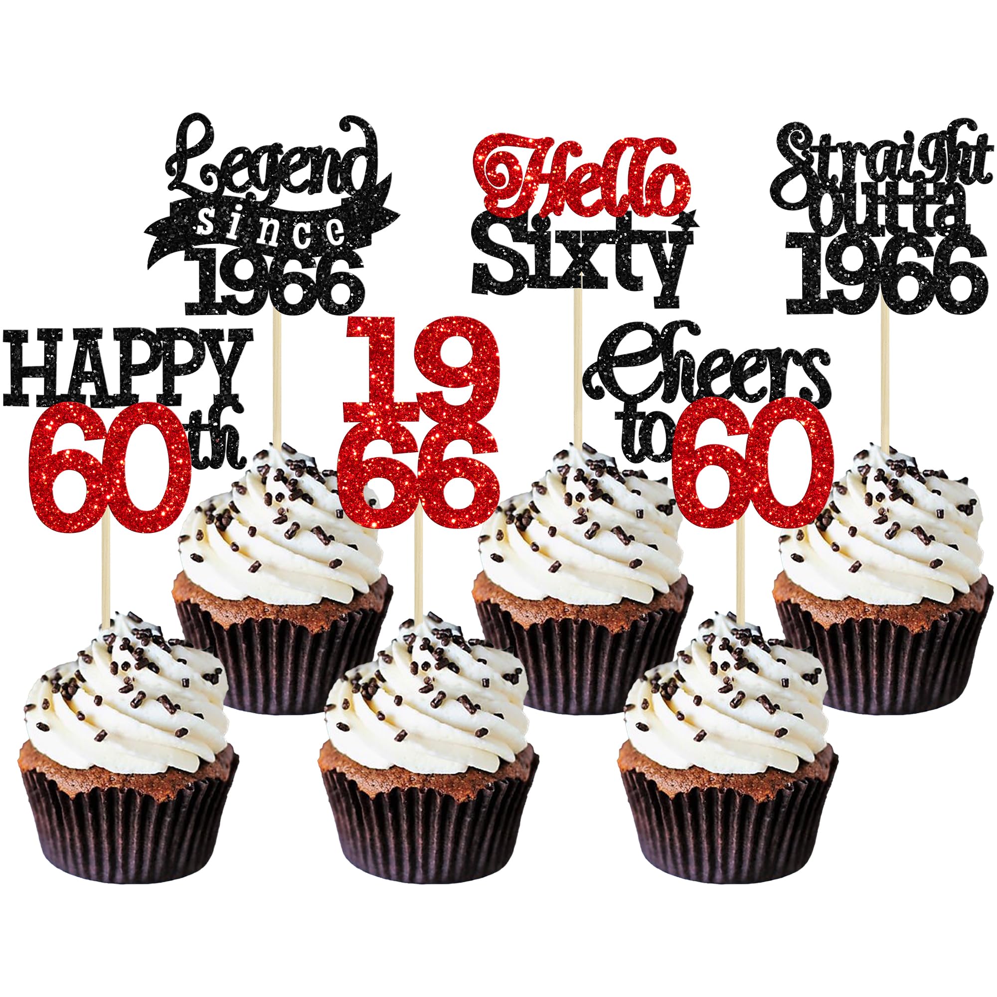 Gyufise 24Pcs Happy 60th Birthday Cupcake Toppers Hello Sixty Legend Since 1966 Cupcake Picks Cheers to 60 Years Cake Decorations for 60th Birthday Anniversary Party Supplies Black Red