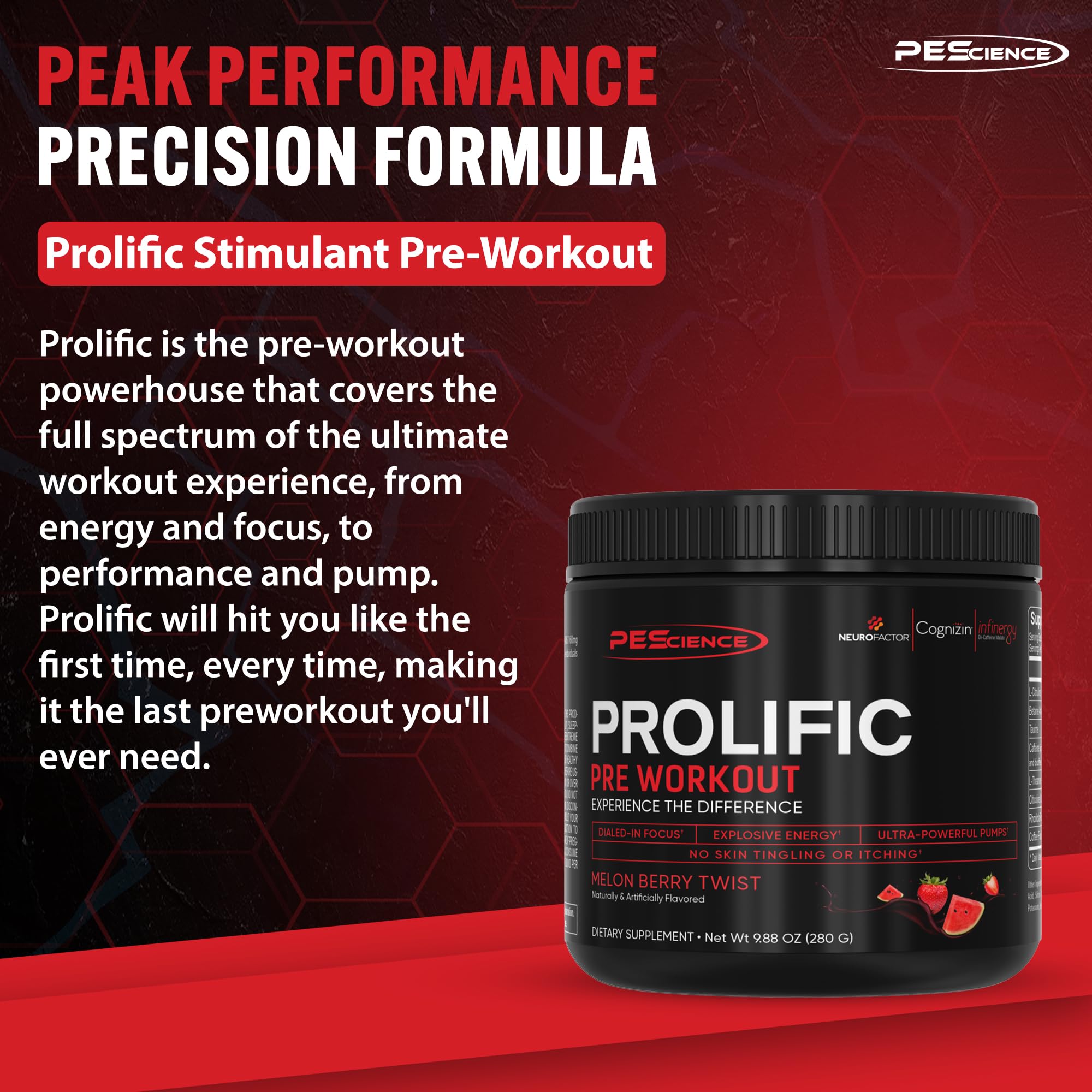 PEScience Prolific Pre Workout Powder for Men & Women with L-Citrulline, Nitric Oxide Booster, Energy Powder & Nootropic for Focus – Preworkout Without Beta Alanine – 40 Scoops, Melon Berry Twist