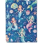 ainori Magical Mermaid Flannel Blanket - Colorful Seashells Sea Life Blue Throw,Whimsical Gifts for Kids Girls, Ultra Soft & Warm,Lightweight, for Couch, Bedroom, Living Room Decor & Travel 50x60in