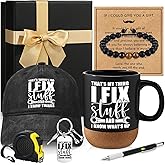 Acellegic 9 Pcs I Fix Stuff and I Know Things Gifts for Men Dad Fathers Day Gift Box for Mechanic Handyman, Hat Mug Keychain Bracelet Card Multi-function Pen Measuring Tape