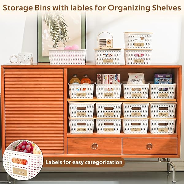 ANTSTEP 8 PACK PLASTIC STORAGE BINS WITH BAMBOO LIDS – STACKABLE STORAGE BASKETS WITH HANDLE FOR PANTRY ORGANIZER AND STORAGE, PLASTIC CONTAINERS BINS LIDDED STORAGE BINS FOR CLASSROOM OFFICE SHELVES