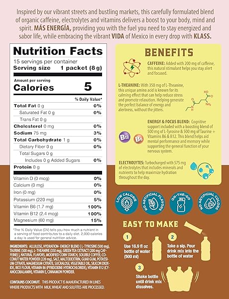 KLASS VIDA HYDRATION + ENERGY ELECTROLYTE DRINK MIX – COFFEE HORCHATA AGUA FRESCA FLAVOR | SUGAR-FREE POWDER WITH CAFFEINE, L-THEANINE, COCONUT WATER & MINERALS | 15 SINGLE-SERVE STICK PACKS