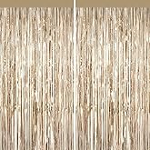 2 Pack Champagne Gold Foil Fringe Curtains, 3.3ft x 6.6ft Streamer Foil Curtain, Tinsel Backdrop for Birthday Party, Christmas Decor, Wedding Engagement Baby Shower Bachelorette Party Decorations