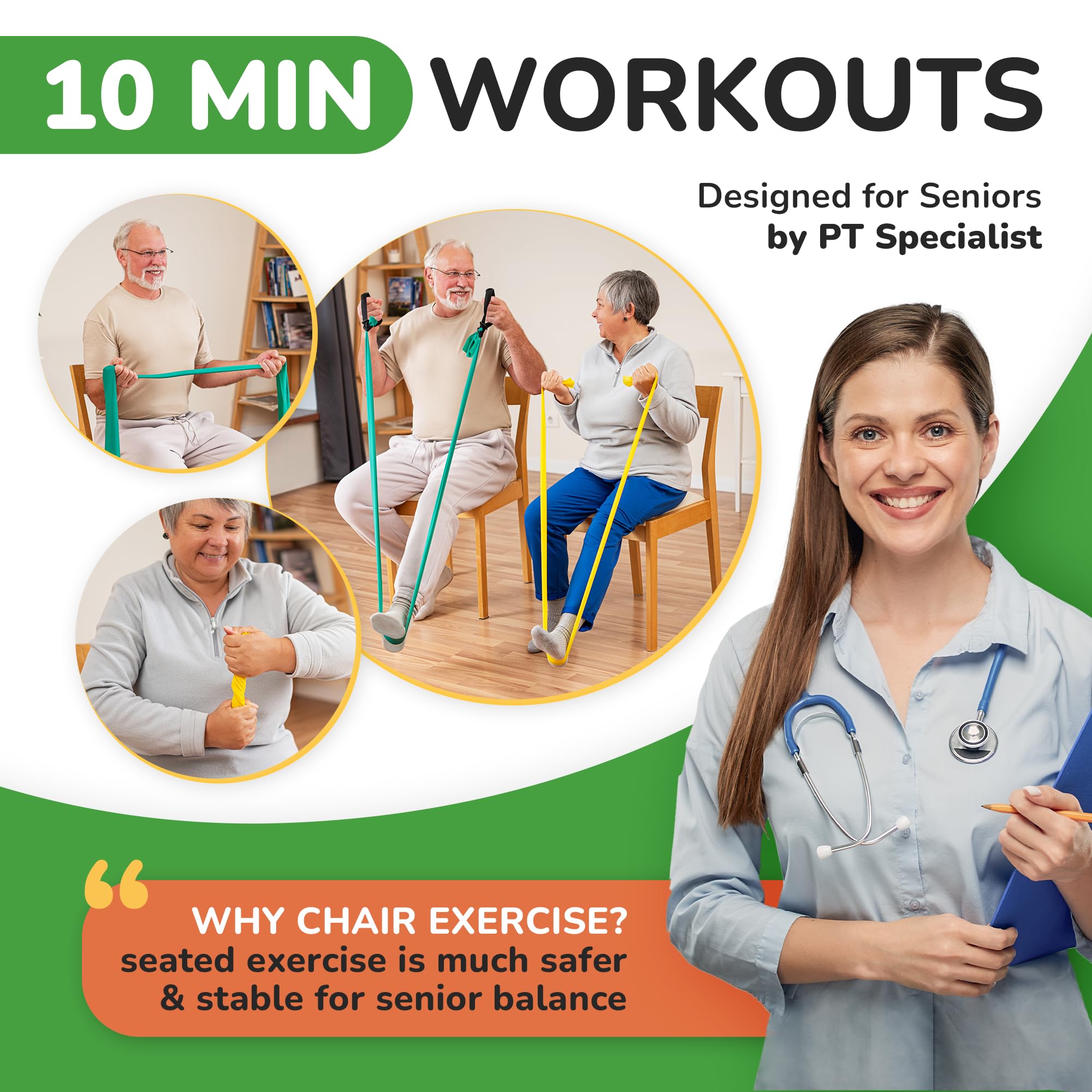 Chair Exercise Program with Two Resistance Bands, Handles and Printed Exercise Guide. Suitable for Rehab or Physical Therapy. Thoughtful Gift for Grandma or Grandpa