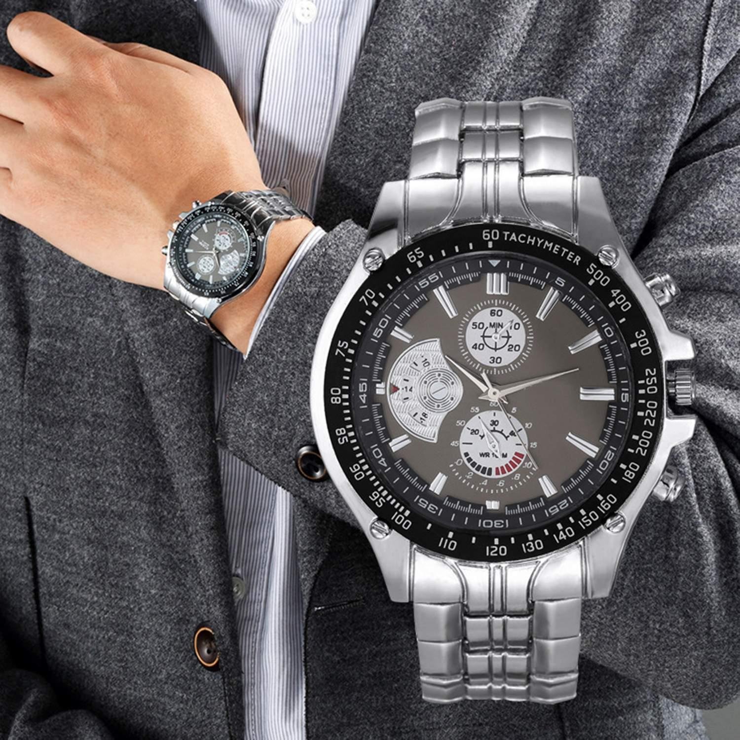 Opino Men Fashion Alloy Band Round Analog Quartz Wrist Watch Bracelet Bangle (Black)