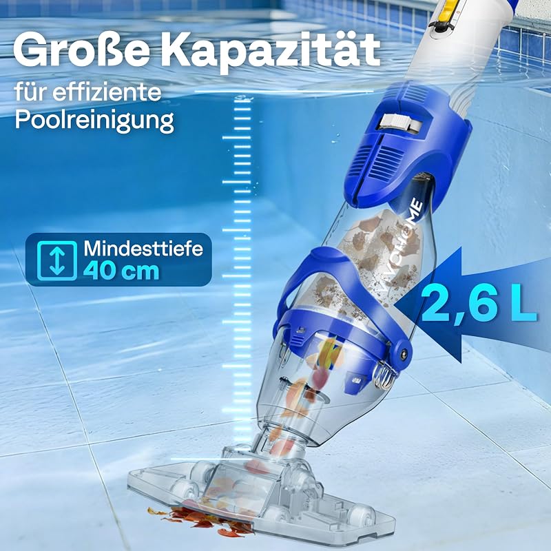 Poolsauger Akku 4300 LPH Absaugung mit 250cm Verlängerungsstange