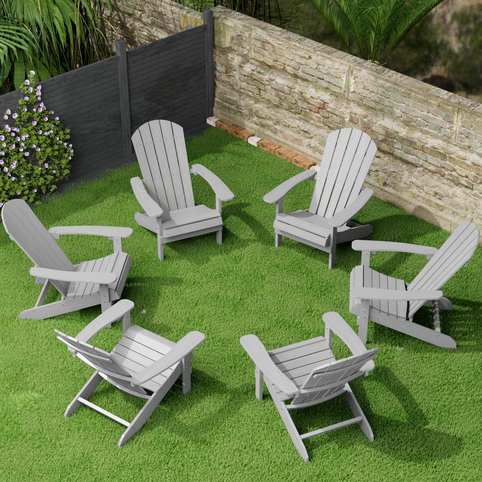 YEFU Adirondack Chairs Set of 6: Plastic Adirondack Chairs - Patio Chairs with Wood Texture - Outdoor Chair HIPS - Lawn Fire Pit Deck Porch Garden Chairs for Adults(Grey) Image