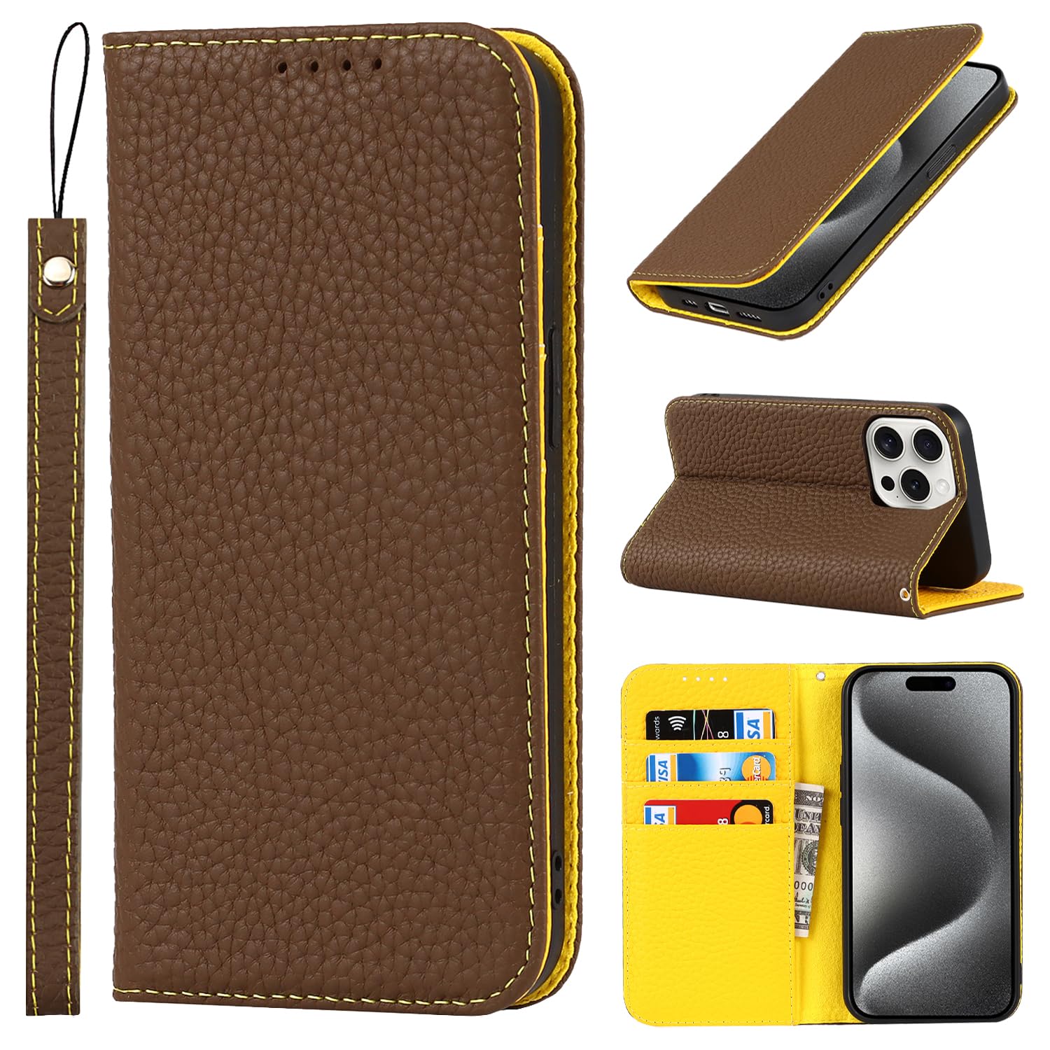 Cavor iPhone 15 Pro Case,Flip Genuine Leather Wallet Case,[4 Card Holders][Magnetic Closure][With Lanyard],Protective Phone Cover Case for iPhone 15 Pro - Brown — image 1
