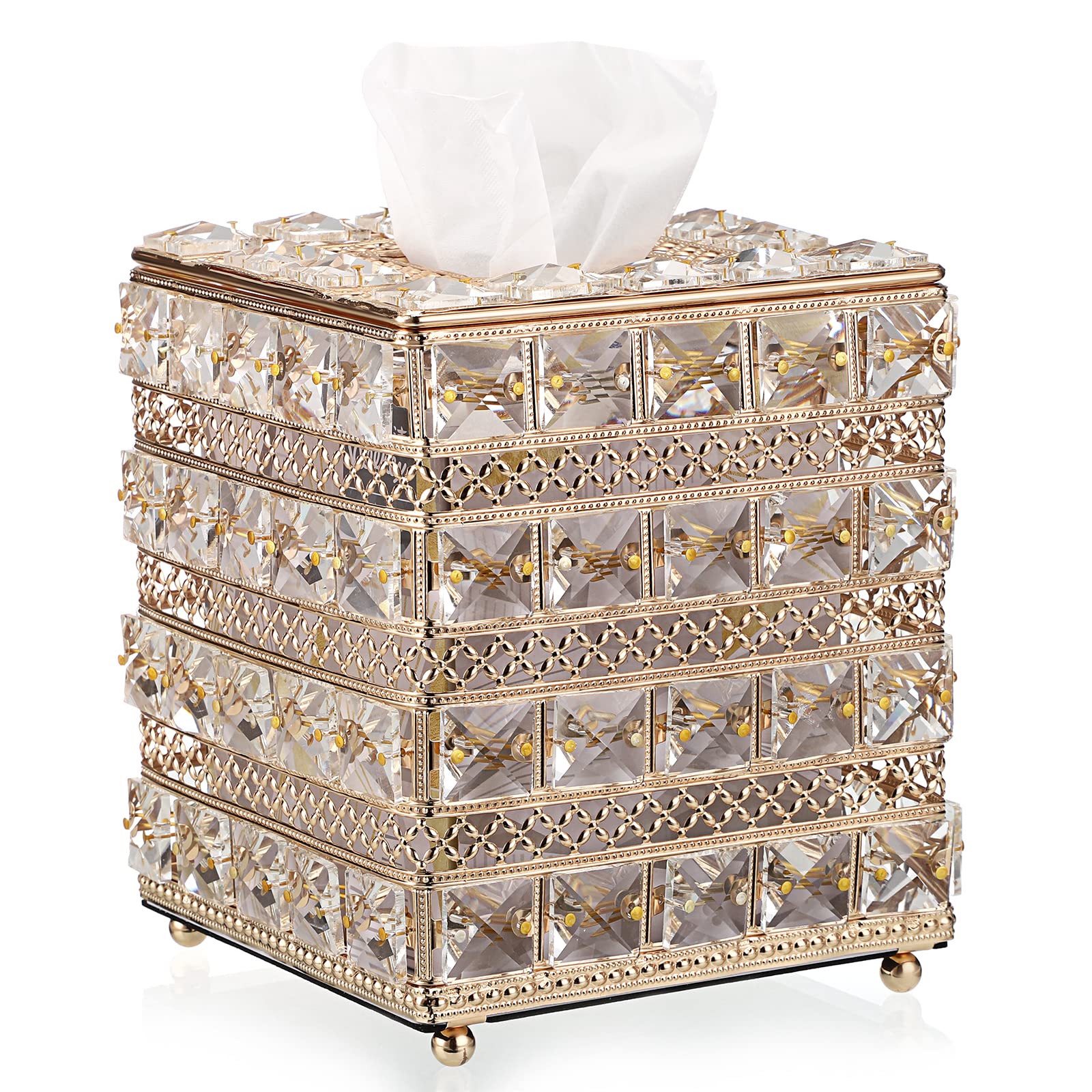 Photo 1 of Sumnacon Crystal Square Tissue Box Cover - Sparkling Cube Glass Tissue Box Holder, Decorative Facial Tissue Holder for Bedroom Bathroom Dresser Night Stand Table Office Home Decor, Gold