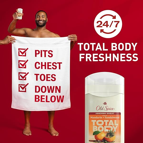 OLD SPICE WHOLE BODY DEODORANT STICK FOR MEN, ALUMINUM FREE, MANDARIN + SANDALWOOD SCENT, 24/7 ODOR PROTECTION, 24/7 FRESHNESS, DERMATOLOGIST TESTED, GENTLE ON SKIN, SAFE TO USE ALL OVER, 3.0 OZ