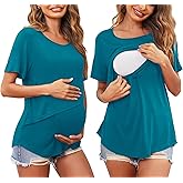 Ekouaer Women Short Sleeve Nursing Shirts Soft Maternity Tops Double Layer Breastfeeding Blouse Round Neck Pregnancy Clothes