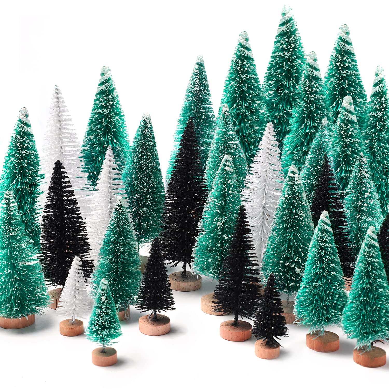 Photo 1 of 30Pcs Mini Christmas Trees, Artificial Christmas Tree Bottle Brush Trees Christmas with 5 Sizes, Sisal Snow Trees with Wooden Base for Christmas Decor