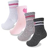 YKYUASD 4 Pack Valentine's Day Girls Athletic Crew Socks Kids Soft Cotton Navy Socks Hearts Stripes for School Uniform Dress