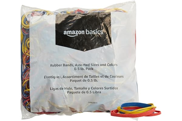 Amazon Basics Assorted Size and Color Rubber Bands, 0.5 lb.