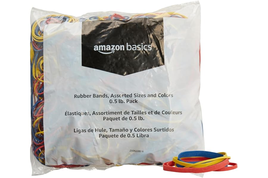 Amazon Basics Assorted Size and Color Rubber Bands, Strong Elastic Stretch Office Supplies, 0.5 lb. Variety Assortment