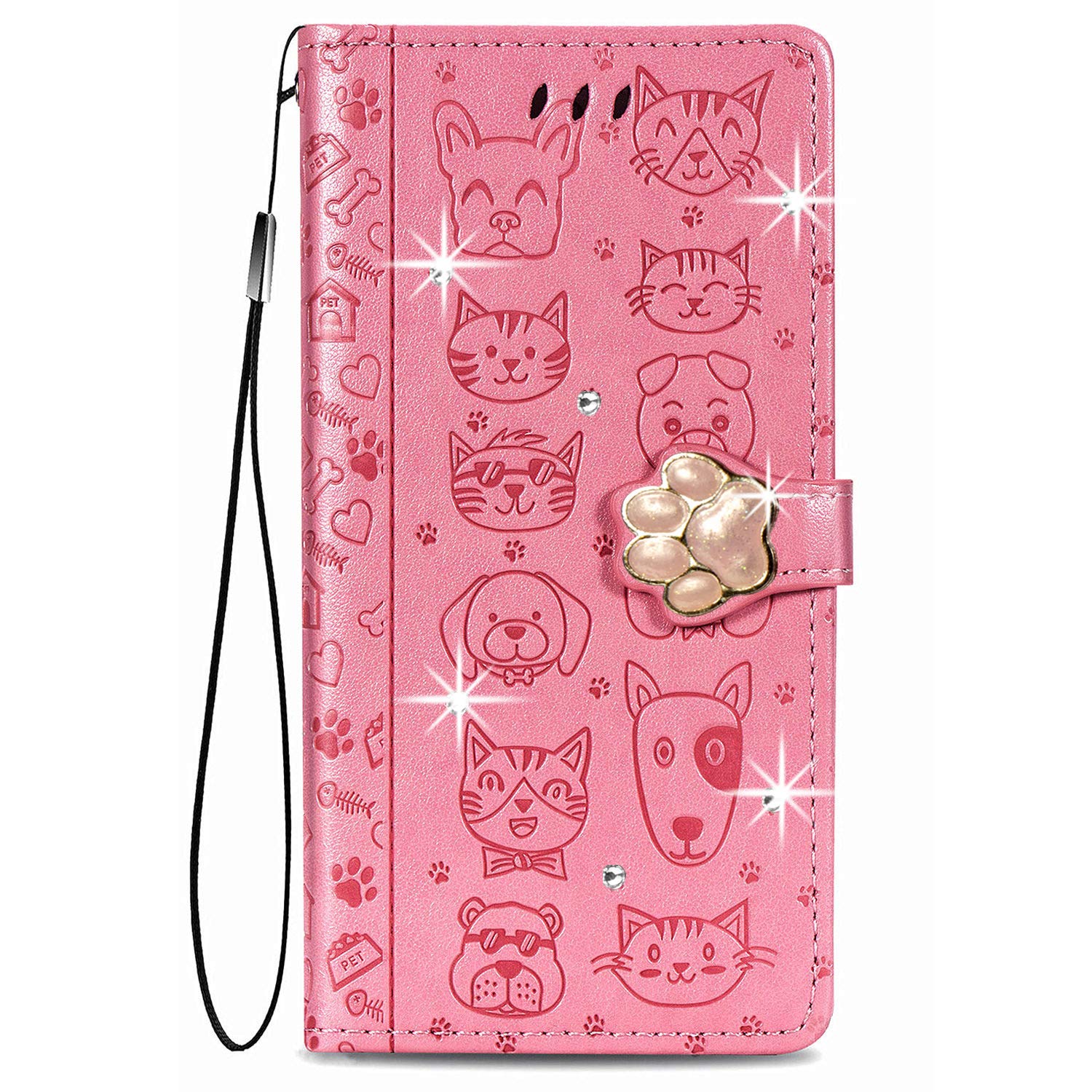for Samsung Galaxy Note 10 Lite Phone Case Cat & Dog, Samsung A81 Case Cute Animal Print Glitter Bling Shockproof Folio Flip PU Leather Wallet Cover with Card Slot Silicone Bumper Case, Pink