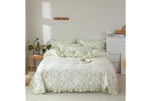 MOTNTD Green Ruffle Duvet Cover Twin Little Floral Bedding Set Twin Soft Cotton Boho Vintage Botanical Flower Duvet Cover Set with 2 Pillow Shams Lace Edge Aesthetic Girls Princess Style Comforter Cover Twin