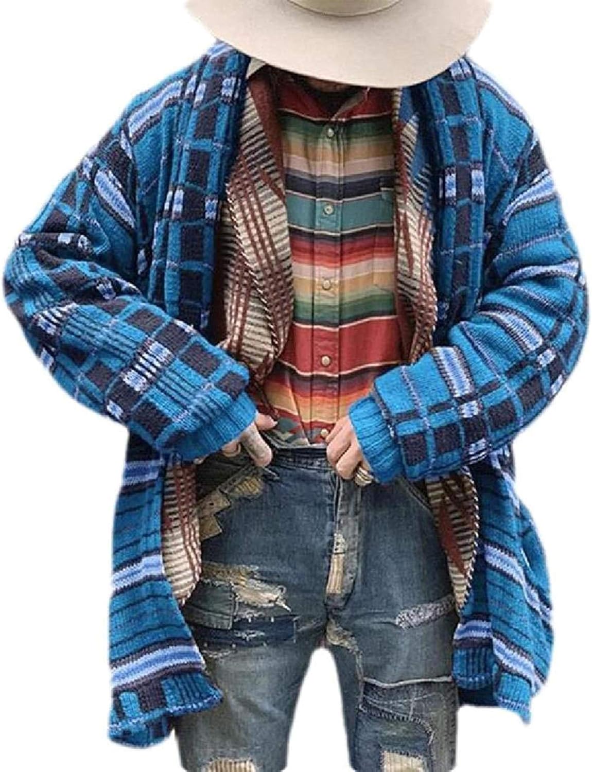 Men's Knitted Cardigan Plaid Print Open Front Shawl Collar Long Sleeve