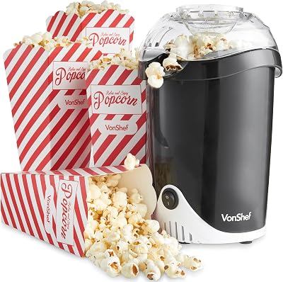 VonShef Popcorn Maker 1200W Air Popper One Touch Operation Black