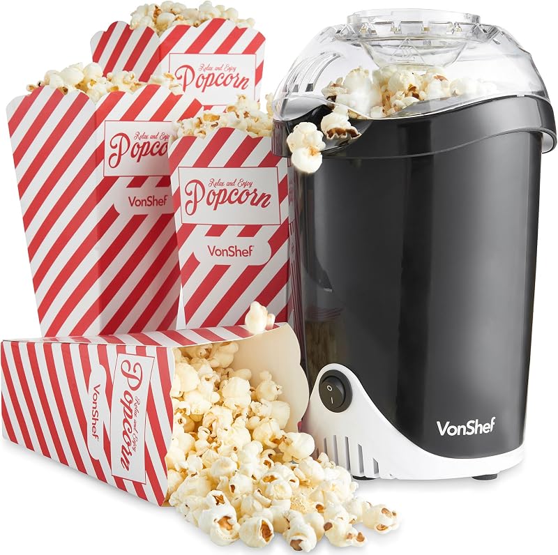 VonShef Popcorn Maker 1200W Air Popper One Touch Operation Black