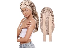 CHLINS Long Bonnet Satin Bonnet for Sleeping Women Double Layer Hair Bonnet Braid Bonnet with Stretchy Tie Band(Champagne)