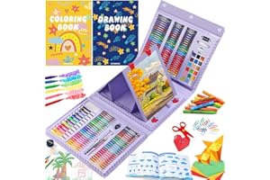 AOTEMOON All in One Art Supplies, Art Kit Includes Easel, Origami Paper, Colored Pencils, Crayons, Drawing Book, Coloring Book, Watercolor Pens, Markers and Oil Pastels, Gifts for Girls Boys Teens, Purple