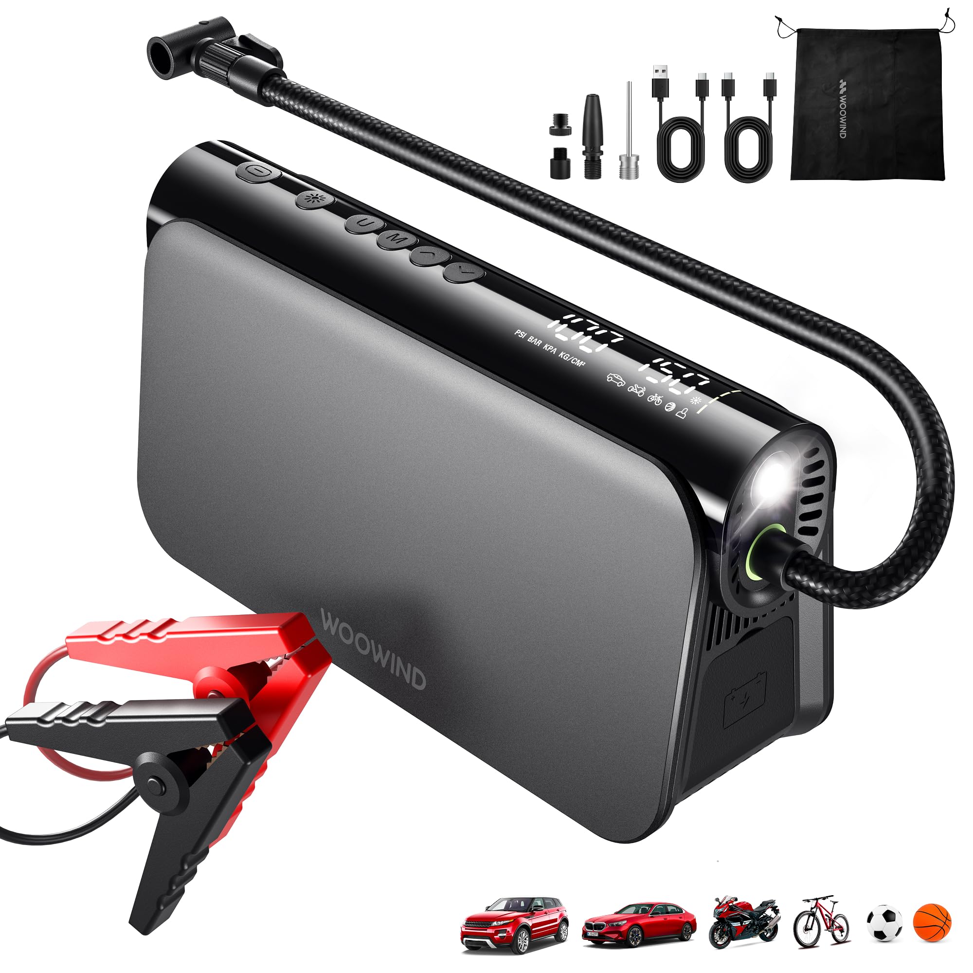 Woowind Jump Starter with Air Compressor 3-in-1 Car Battery Booster, 65W Power Bank,150 PSI Portable Tire Inflator for 6.0L Gas,2.5L Diesel Engines, 16000mAh Battery Booster with LED Light
