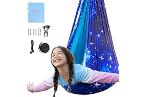 OUTREE Sensory Swing for Kids, Double Layer Therapy Hammock, Indoor Swing with 360° Swivel Hanger Kit and Adjustable Straps, Autism Sensory Product for Autism, ADHD (Blue Starry-Sky Printed)