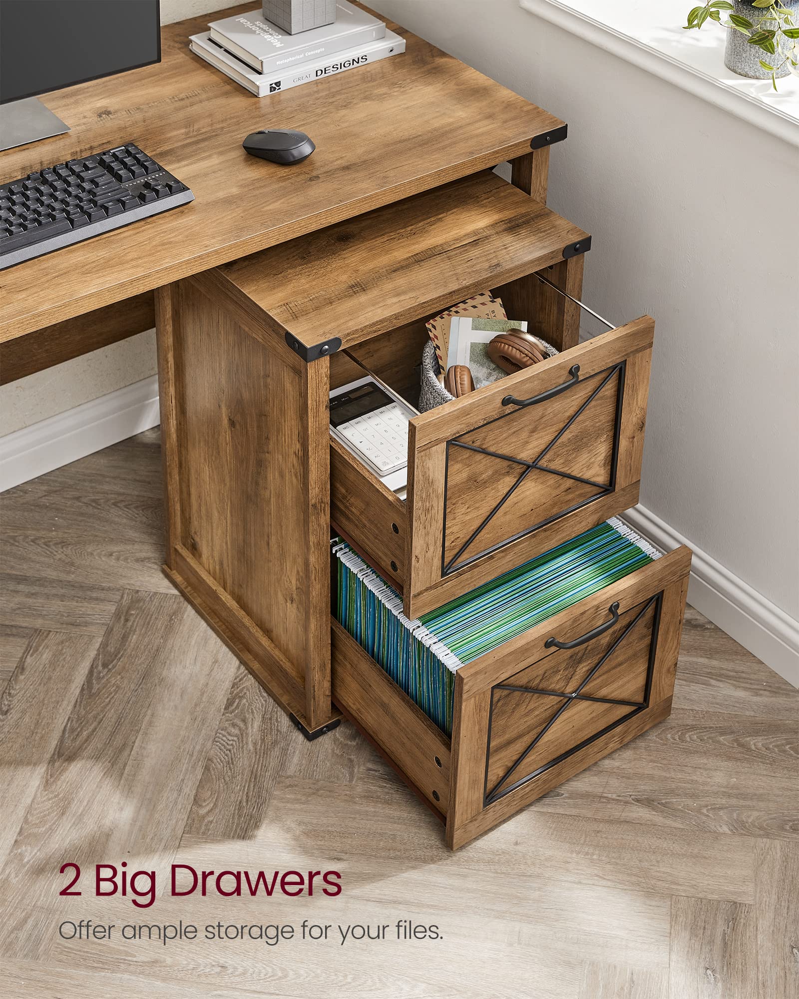 VASAGLE File Cabinet, Filing Cabinet with 2 File Drawers, Printer Stand, Fit A4, Letter Size, Hanging File Folders, Modern Farmhouse Style, for Home Office, Honey Brown UOFC048T41