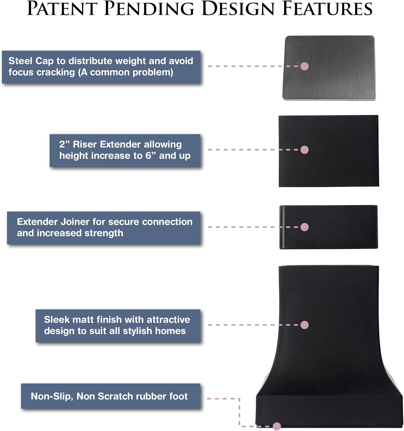 Pat. Bed Risers, Set of 4 w Adjustable Height from 4” to 6”, Matte Black Stylish, Modern Furniture Lifters with Non-Scratch, Non-Slip Rubber Foot. Extra-Tall Bed Lifts for Couch, Chair, Table: Home & Kitchen