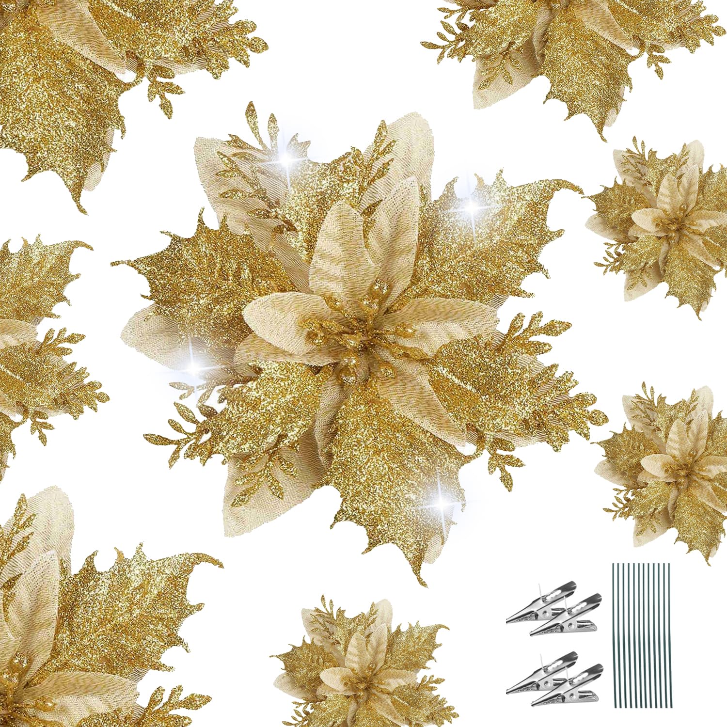 WUBAYI 12Pcs Glitter Artificial Poinsettia Flowers with 12 Stems & Clips, for Wedding New Year Easter Birthday Xmas Tree Decoration (Gold)
