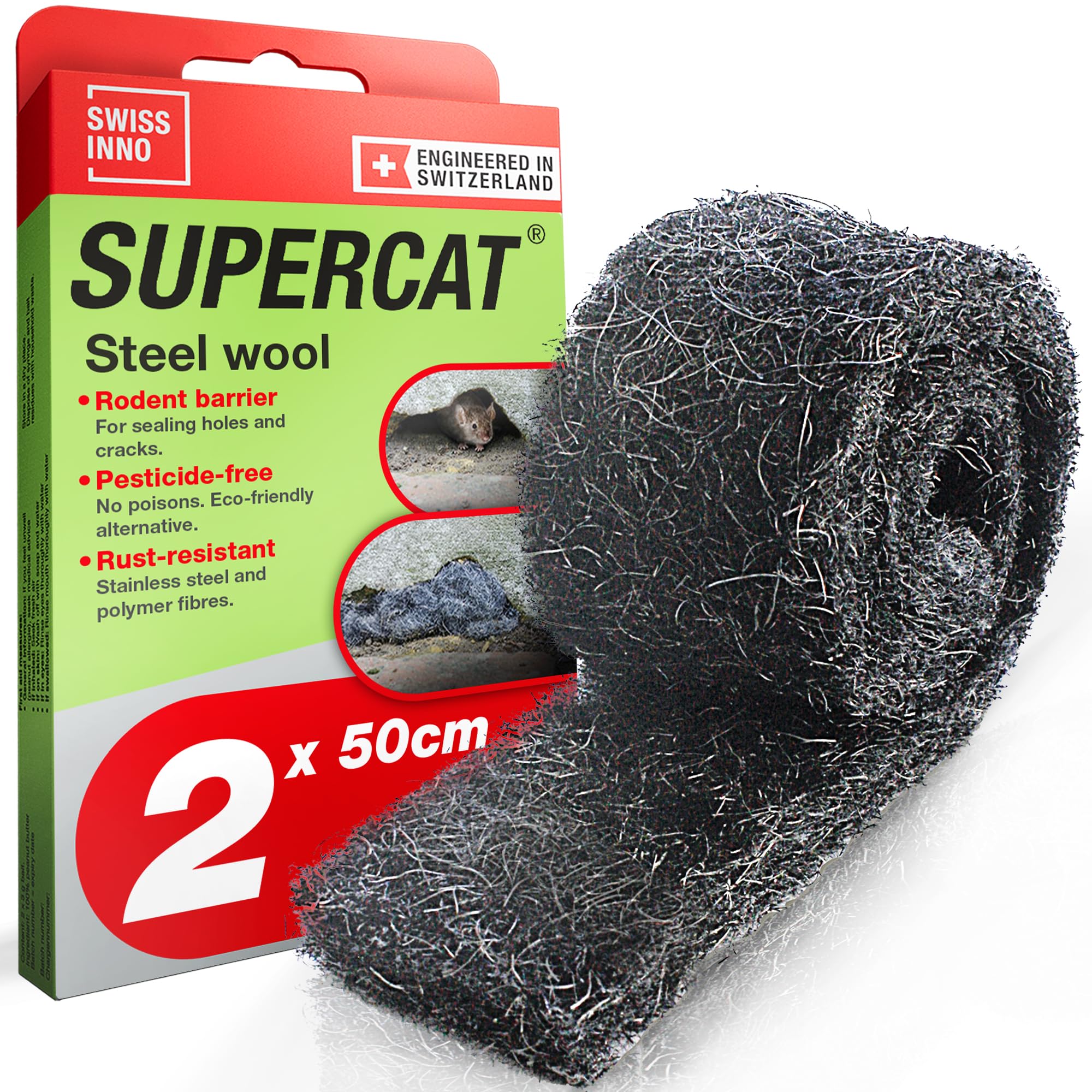 SWISSINNO Stainless Steel Wool Rodent Blocker – Gap Seal for Mice, Rats & Martens – Wire Wool/Rodent Mesh (Rat Mesh) – Mouse Stop & Rat Blocker – Home, Garage & Garden – (2 Pack)