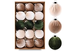 VTYEPOU Christmas Tree Ornaments Velvet Balls - Pack of 15pcs Shatterproof Xmas Bulbs Decorations Set - Multicolor Green Brown Neutral, 80mm 3.15 inch
