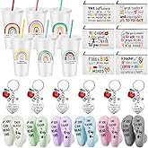 Funnymoom 24 Pcs Teacher Appreciation Gift from Students 2026 End of Year Thank You Gifts Bulk 24 oz Plastic Tumbler Cup Makeup Cosmetic Bag Crew Sock Keychain for Retirement