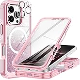 Hekodonk for iPhone 16 Pro Max Case,Compatible with Magsafe[Built-in 9H Tempered Glass Screen Protector & Camera Lens Protector] Full Body Shockproof Protective Women Girl Bling Case,Pink Glitter