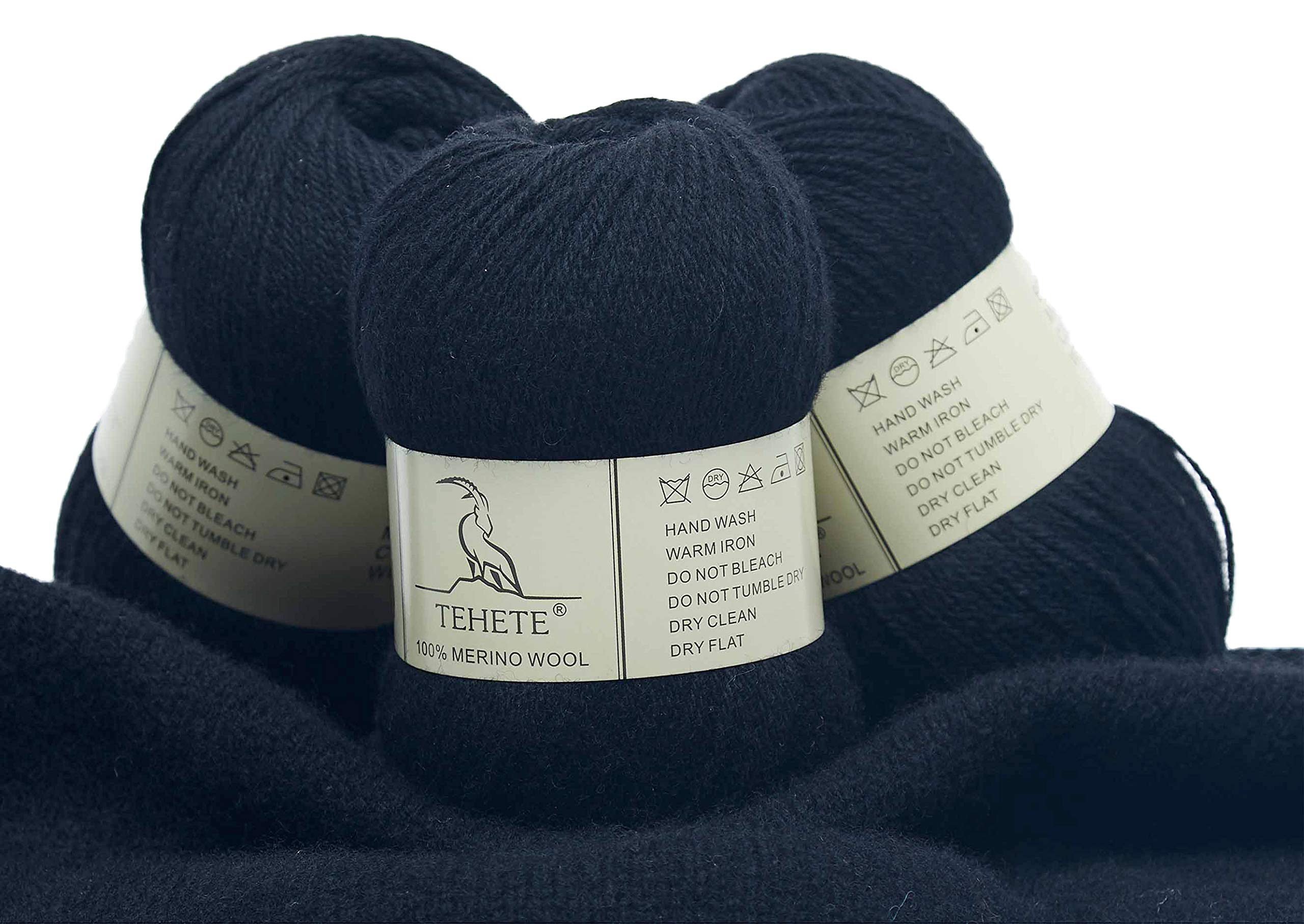 TEHETE 100% Merino Wool Yarn for Knitting and Crochet 3ply 3 × 50g, 250m, 3 Balls Pack Soft and Luxurious -Black