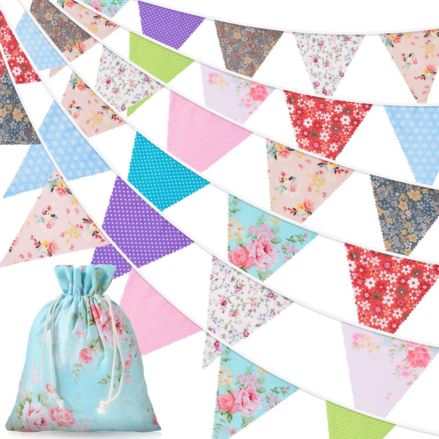 Alintor 46 Flags 45.9ft Fabric Bunting + Drawstring Bag, Vintage Floral Bunting, Bunting Flags for Garden, Birthday Party, Outdoor, Afternoon Tea, Mothers Day, Easter Decorations (blue)