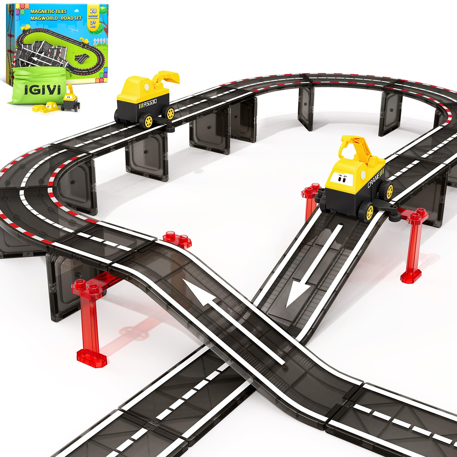 Photo 1 of IGIVI Magnetic Tiles Road Race Track with Engineering Car, Magnetic Building Blocks for Toddler Kids Toys, Educational Construction Toys Gift for 3+ Year Old Boys and Girls
