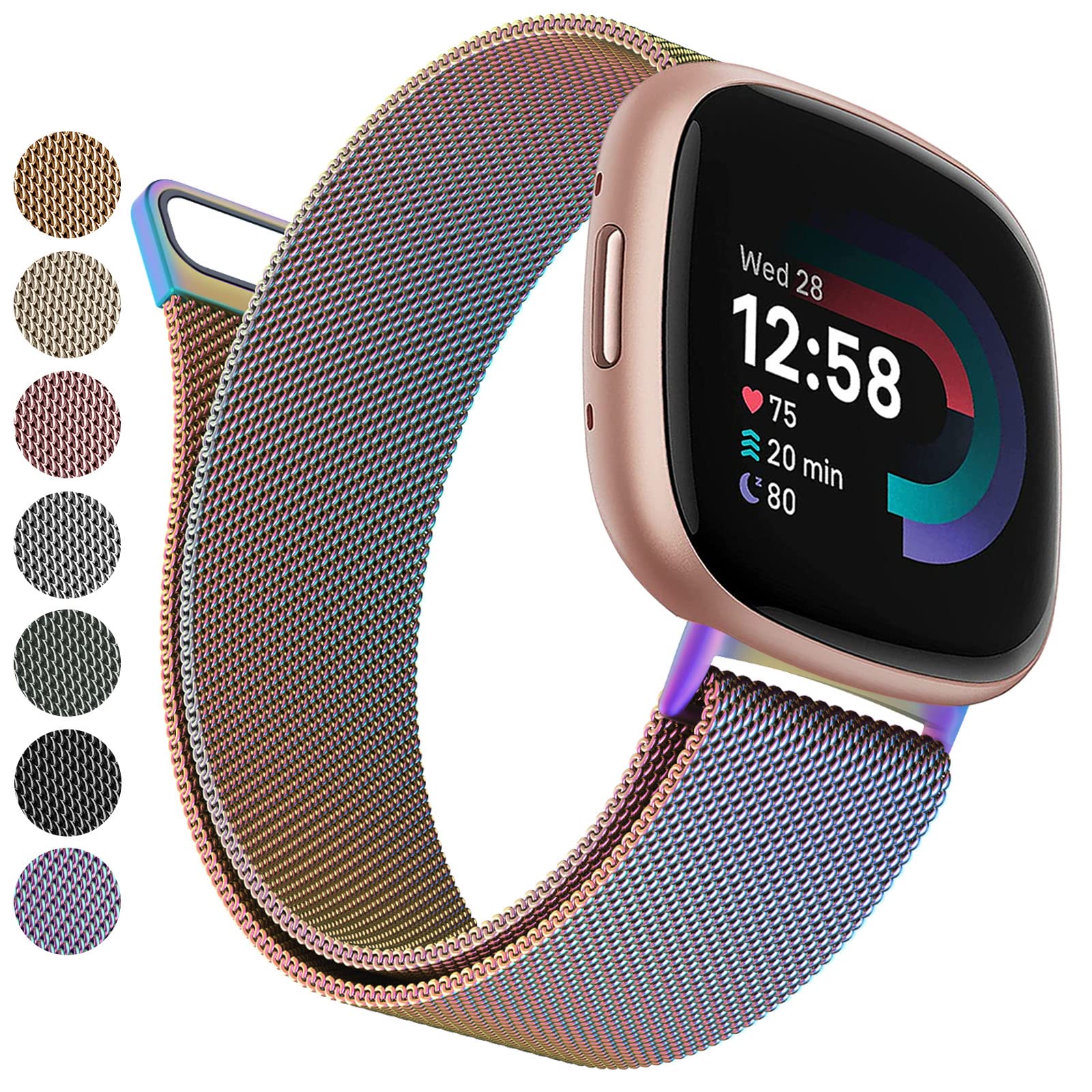 Vancle Strap compatible with Fitbit Versa 3 Straps/Versa 4 Strap/Fitbit Sense/Sense 2 for Women, Breathable Stainless Steel Mesh Loop Adjustable Wristband Replacement Metal (Colourful,Small)