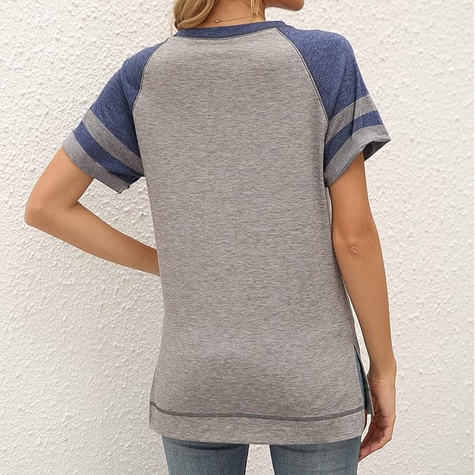 Womens Short Sleeve Shirts Crewneck Workout Top Color Block Loose