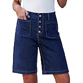 luvamia Bermuda Shorts for Women Jean High Waisted Trendy Patch Pockets Casual Summer Button Fly Stretchy Denim Shorts