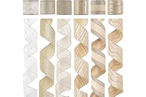 HUIHUANG Champagne Christmas Ribbon Wired Gold Christmas Tree Ribbon 6 Rolls Glitter Christmas Wired Edge Ribbons for X-mas Tree, Gift Wrapping, Wreath, Garland, Home Decor (2.5" Wide, 36 Yds Total)