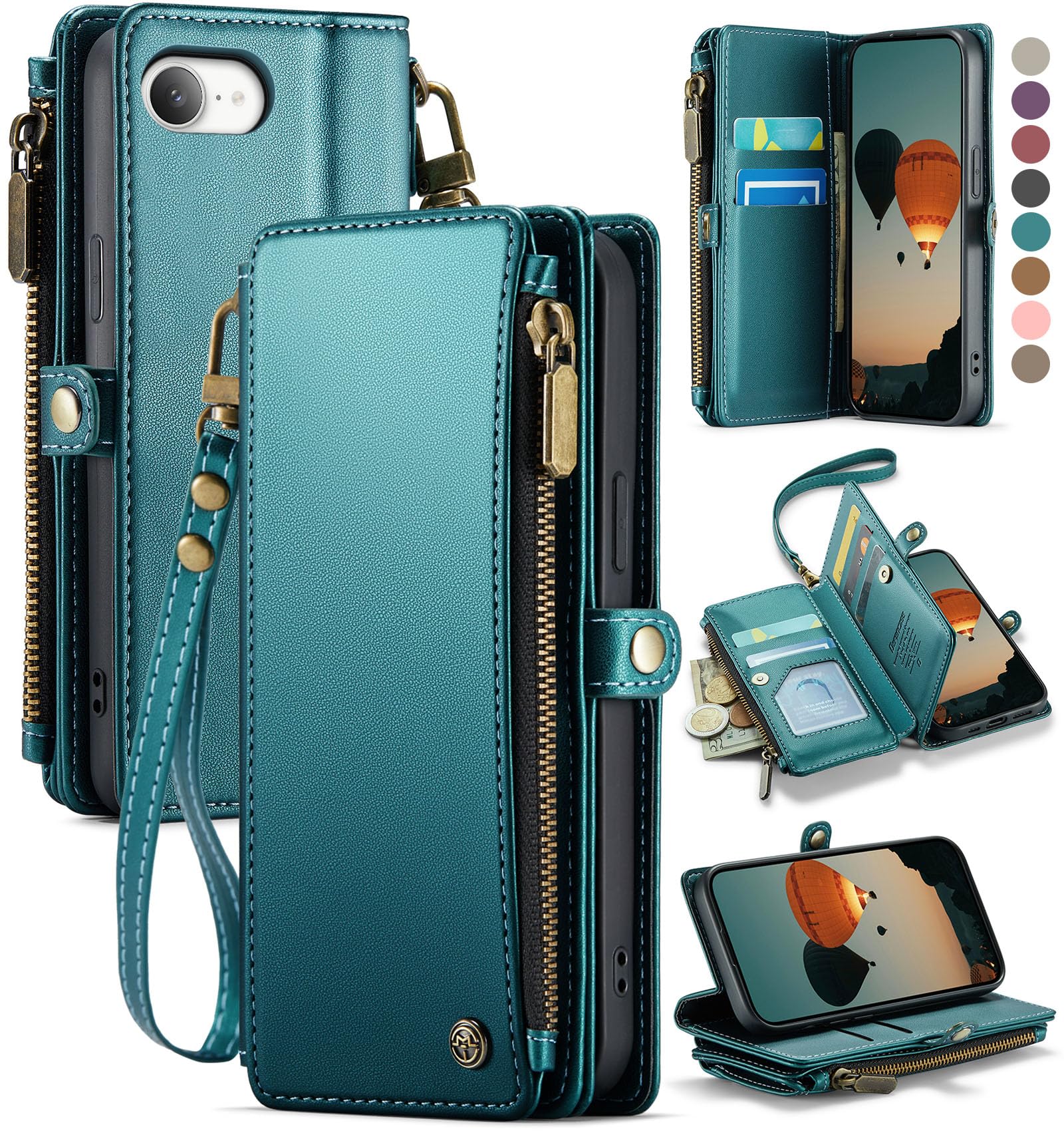Photo 1 of Defencase for iPhone 16E Case Wallet with RFID Blocking Card Holder Slots for Women Men, Elegant PU Leather Magnetic Snap Flip Wristlet Strap Zipper Wallet Phone Cases for iPhone 16e 2025, Green