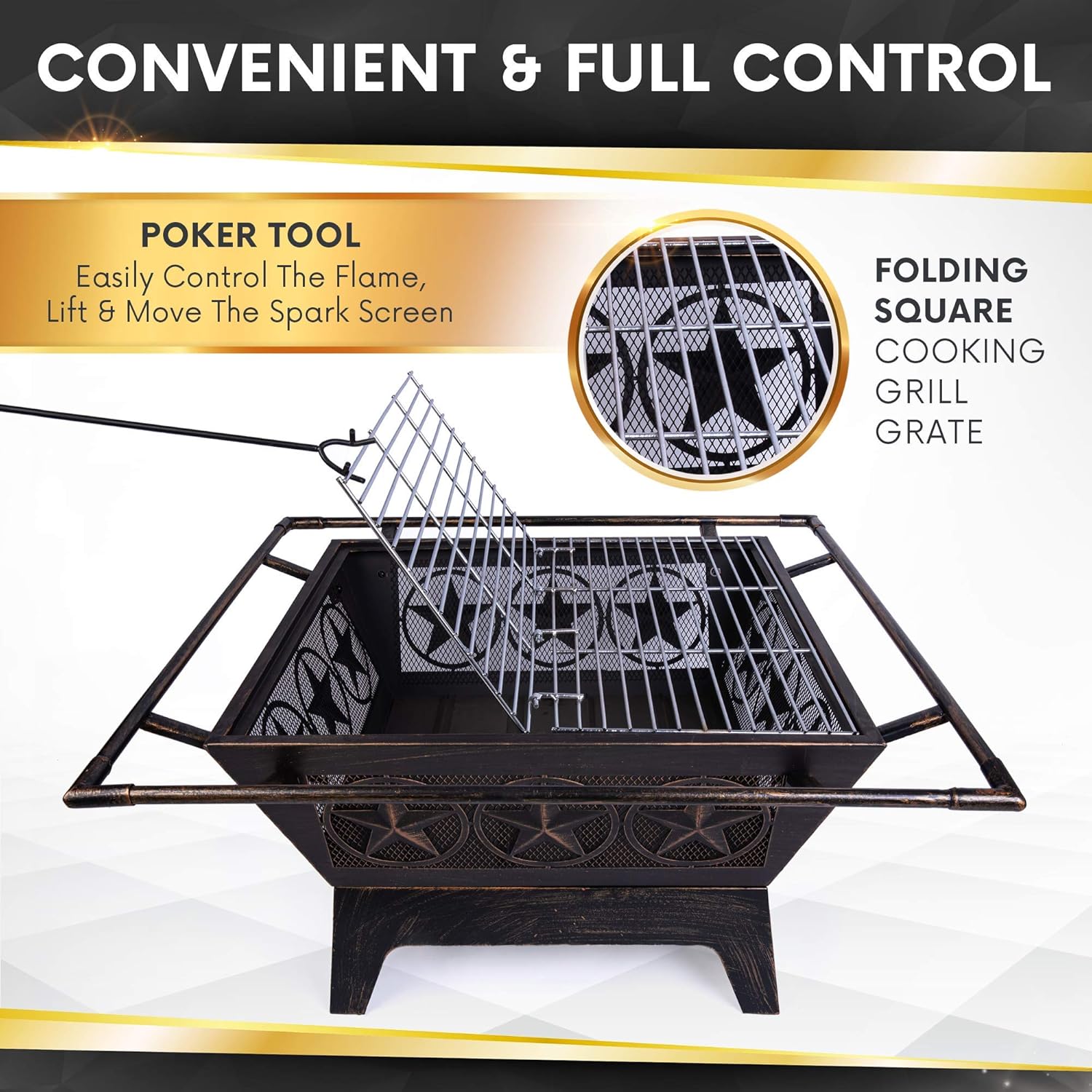 Project One Galaxy Heavy-Duty Fire Pit - 32 Inch Steel Large Square Wood Burning Patio or Backyard Firepit - Weighs 30 Pounds - Cooking Grill Grate, Spark Screen, and Fireplace Poker Included : Garden & Outdoor