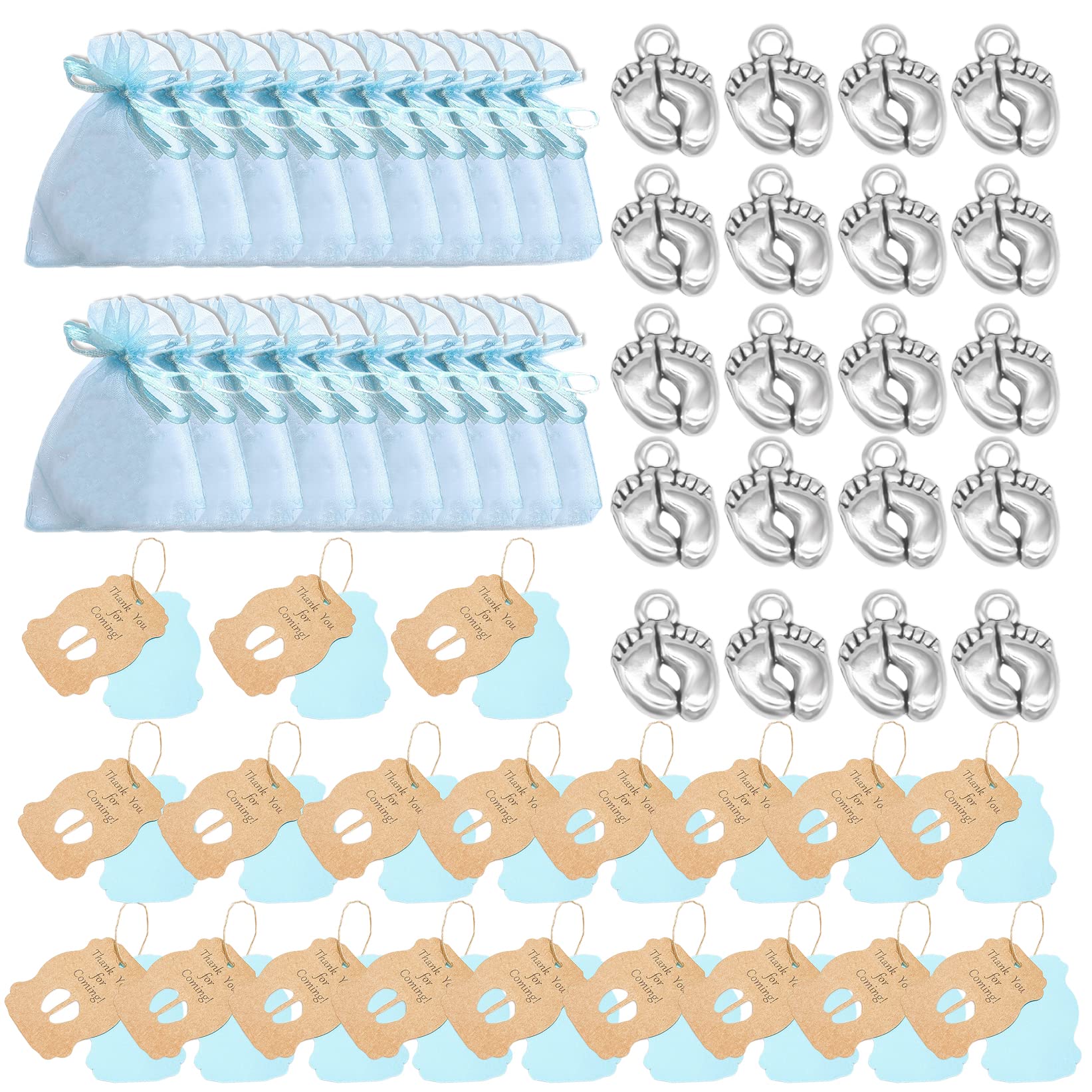 Karjiaja 60 PCS Baby Shower Party Favors Bags, Thank You for Coming Tags with String Small Organza Bags Blue Silver Baby Feet Charms for Guests Boy Gift Kid Birthday Party Decorations Supplies