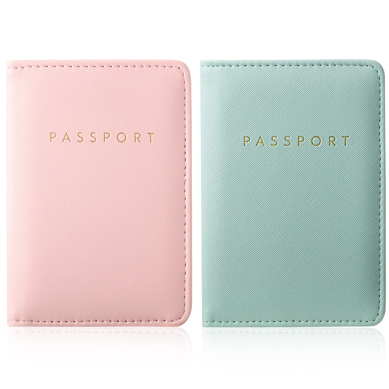 Frienda 2 Pieces Bridal Passport Covers Holder Waterproof Leather Passport Holder Covers Travel Wallet Passport Case for Women and Men(Pink and Green)