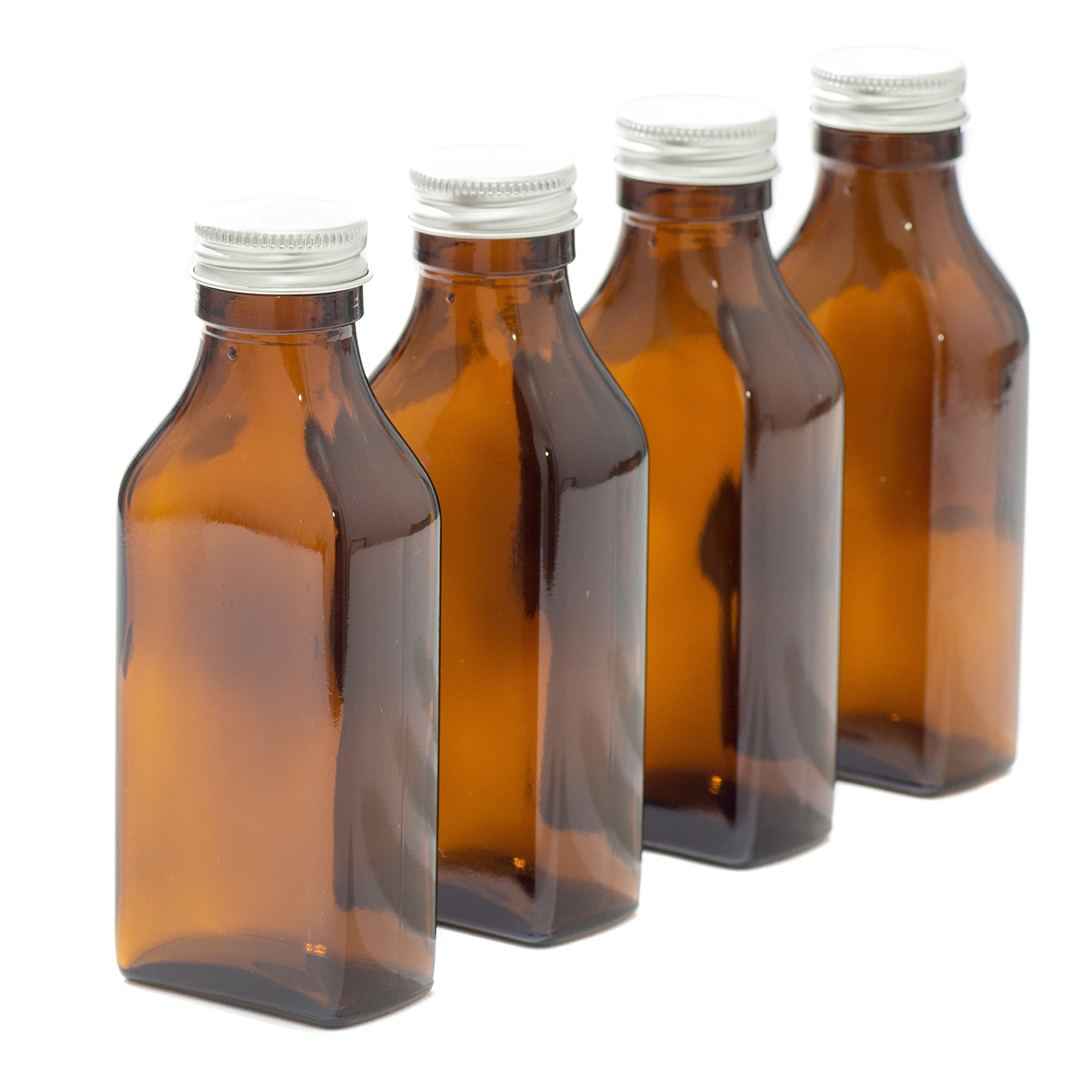 Aura 100ml Rectangular Amber Glass Bottle with Silver Lid - Pack of 4