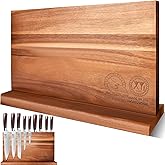 XYJ Extra Large Magnetic Knife Block Acacia Wood Knife Set Holder Stand With Stronge Magnetic Strip Kitchen Knives Storage Rack Organizer Tools No Drilling