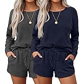 Neer 2 Pack Women's Waffle Knit Pajama Sets Long Sleeve and Shorts Pajama Set Matching PJ Loungewear Sweatsuit with Pockets